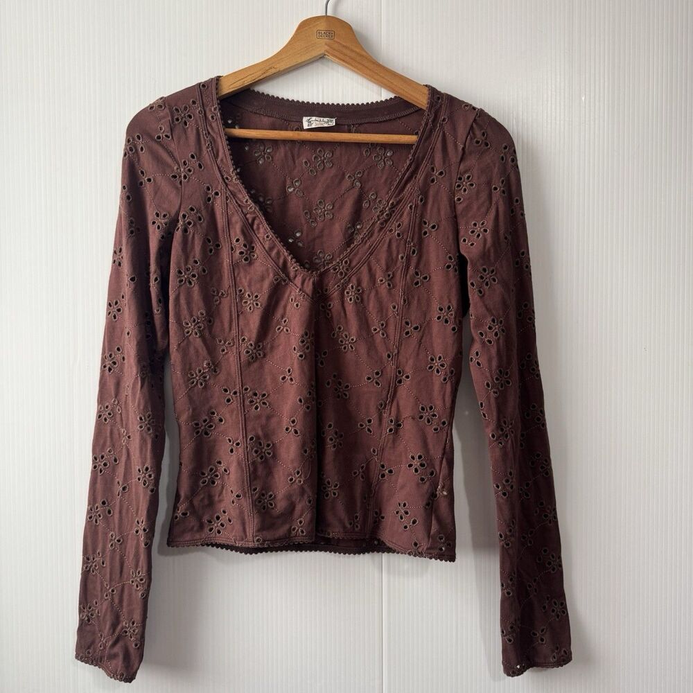 Intimately Free People Eyelet Top Sz S Long Sleeve Chocolate Brown
